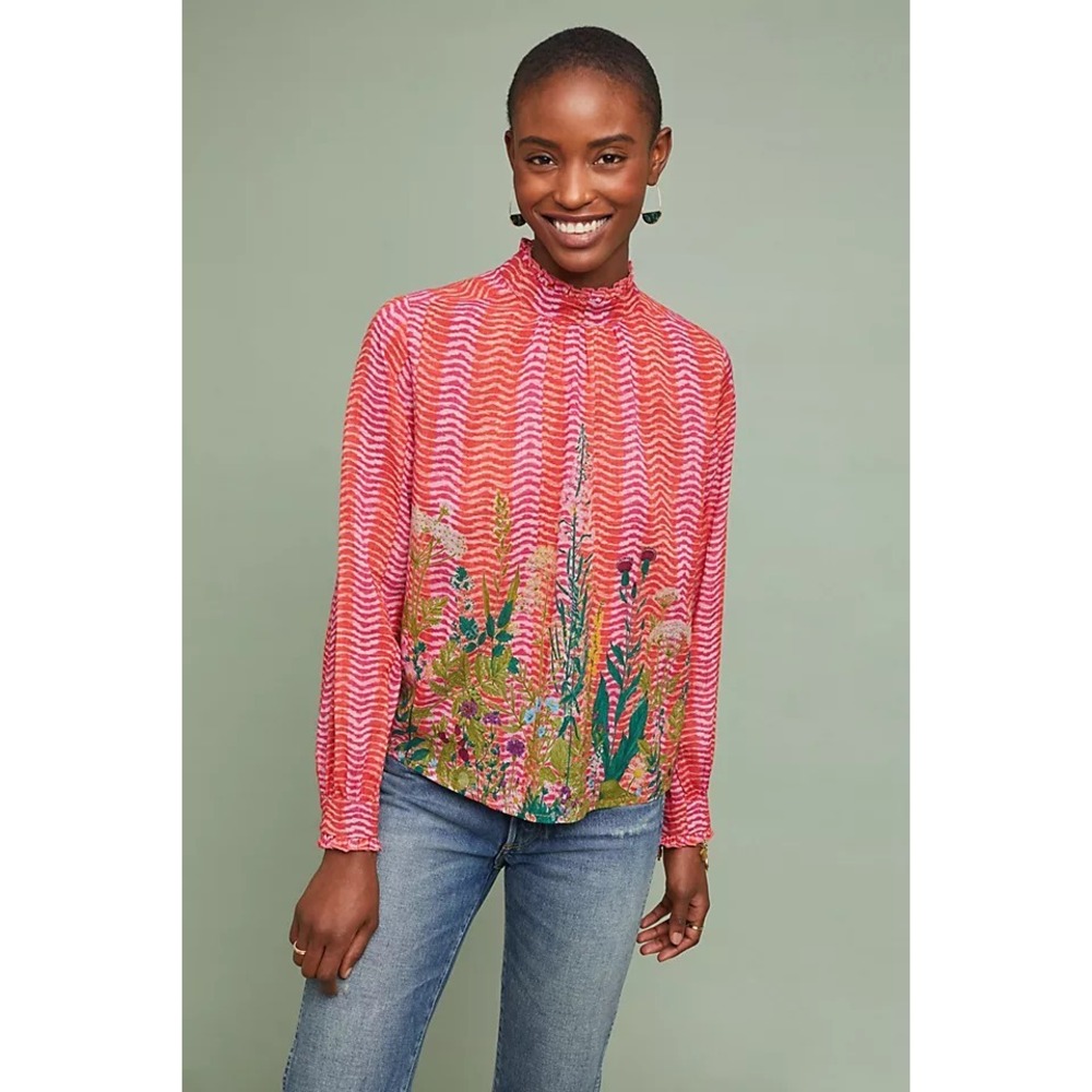 Blank London Anthropologie Womens Annona Blouse Floral Art to Wear Boho Small - Picture 2 of 10